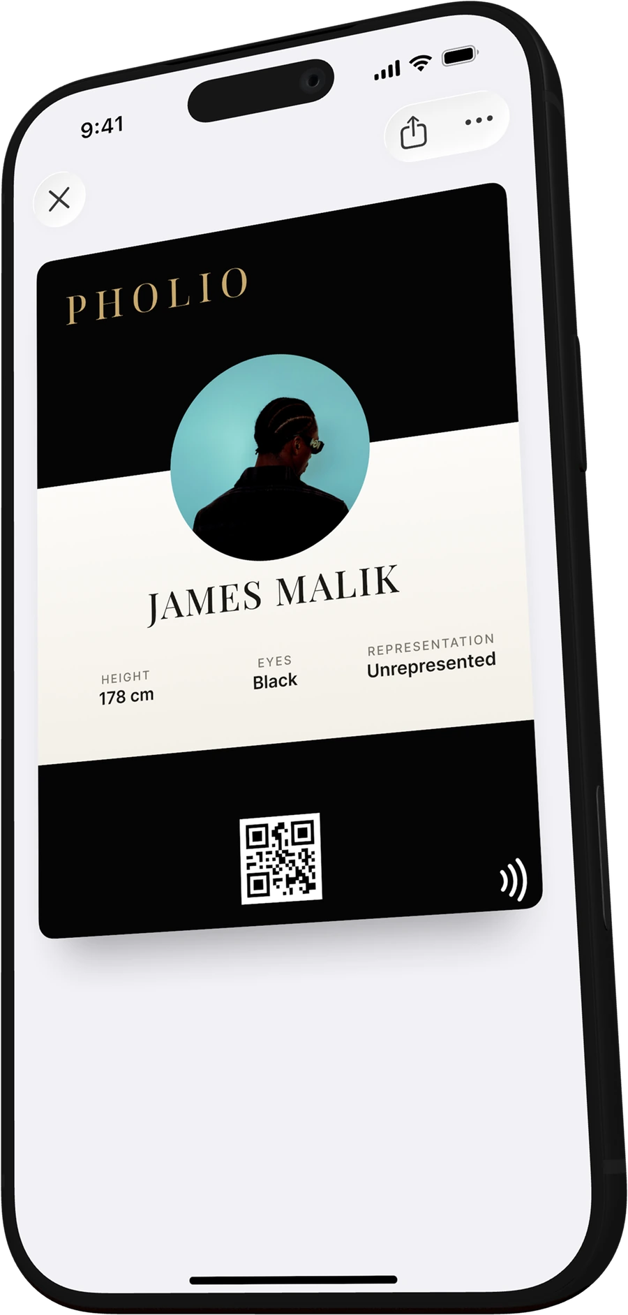 The Pholio ID pass presenting on an iPhone